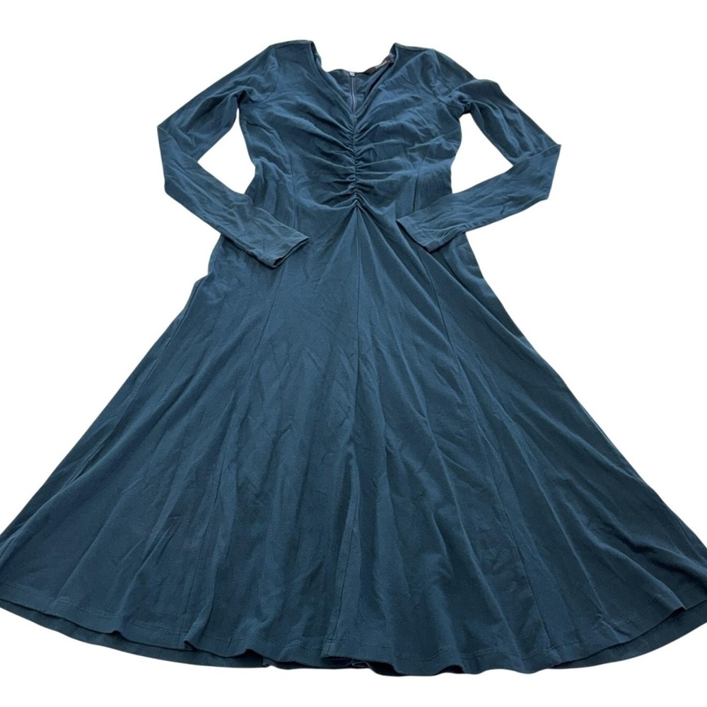 eShakti Dress Womens 2 Blue Long Sleeve Midi Ruched Bodice Flare Cotton Spandex‎